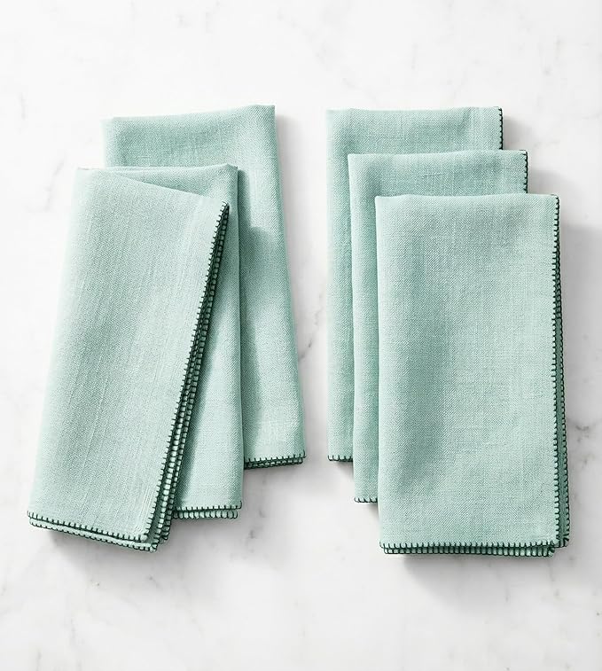 Meadow Green Cloth Dinner Napkins – Set of 6, 18x18 Thick Cotton Blend Napkins with Embroidered Edge, Washable Reusable Table Napkins for Garden Parties, Weddings, Thanksgiving & Christmas