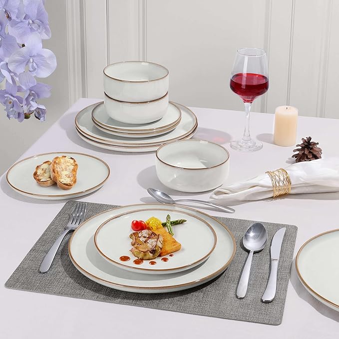 Herogo 16-Piece Dinnerware Set for 4, Ceramic Plates & Bowls Sets with Pasta Bowls, Double Reactive Glaze, Microwave & Dishwasher Safe, Chip Resistant, Ivory White