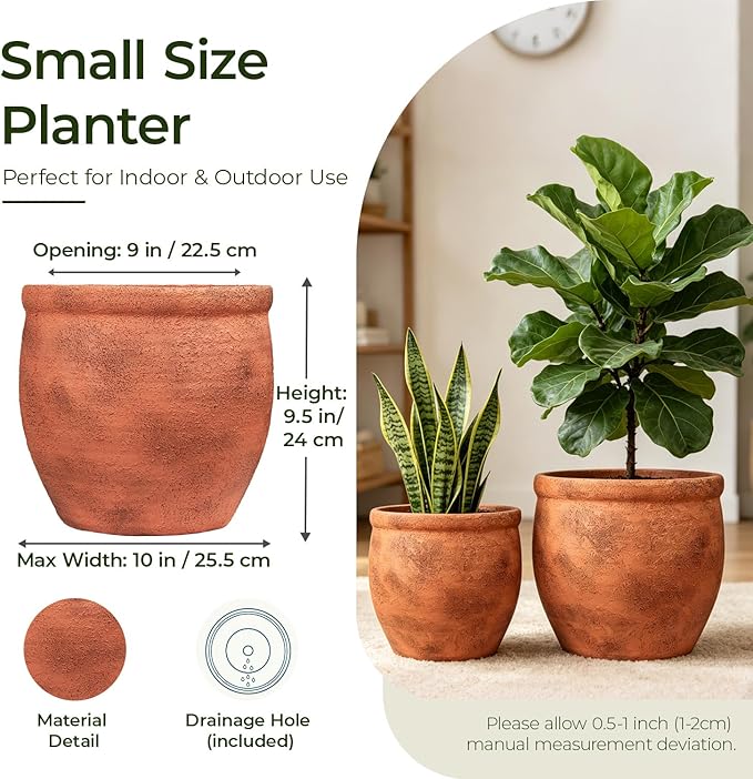 9" Dia Fiberstone Planter – Distressed Terracotta Decorative Flower Pot with Textured Matte Finish & Drainage Hole, Rustic Indoor Outdoor Planter for Patio, Porch, Garden Décor