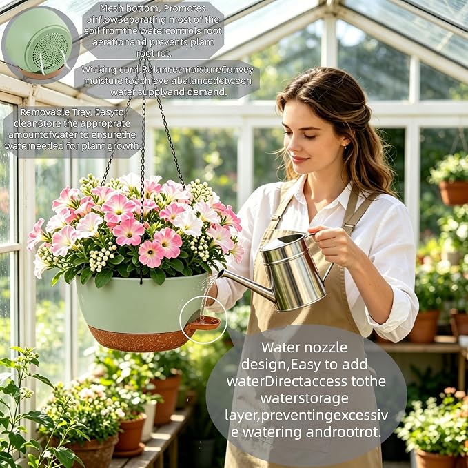 Set of 4-8 Inch Self Watering Hanging Planters for Indoor Outdoor，Hanging Plant Pots with Drainage & Removable Tray, Hanging Pots Holder for Ivy, Pothos, Ferns, Balcony & Patio, Green Brown
