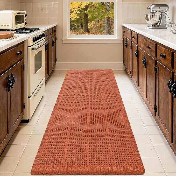 IM HOME Extra Large Waffle Bath Mat, Boho Bathroom Rugs Absorbent Non Slip, Ultra Soft Bathroom Mat, Machine Washable Knit Bath Rugs with Herringbones for Bathroom, Bedroom, Tub, 5'x2', Burnt Orange