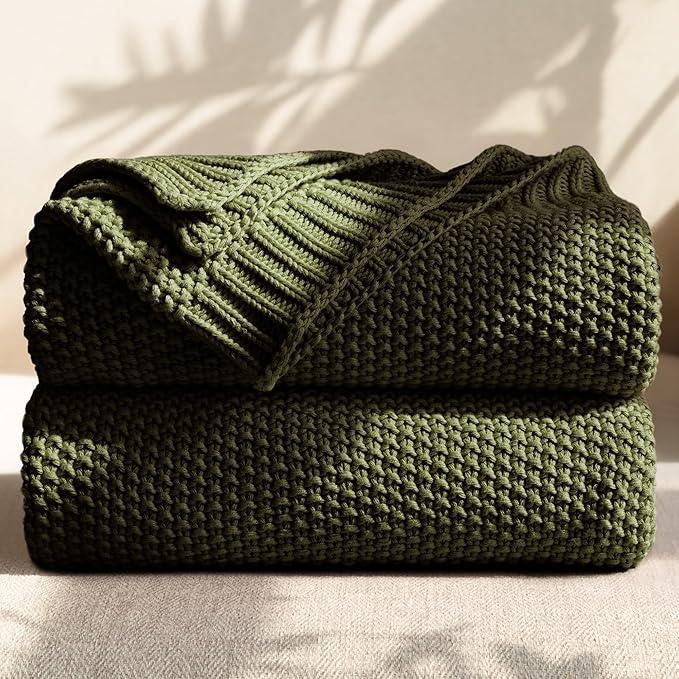 100% Cotton Cable Knit Throw Blanket, Lightweight Soft Knit Blanket for Sofa Couch Bed, Breathable All-Season Throw, Cozy Decorative Blanket, 50 x 60 Inch,Olive Green