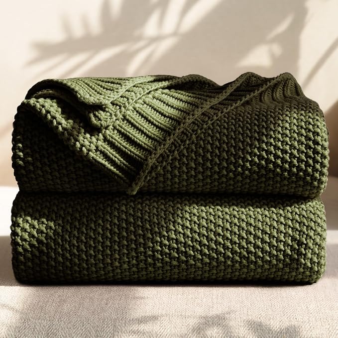 100% Cotton Cable Knit Throw Blanket, Large Lightweight Soft Knit Blanket for Sofa Couch Bed, Breathable All-Season Throw, Cozy Decorative Blanket, 60 x 80 Inch,Olive Green