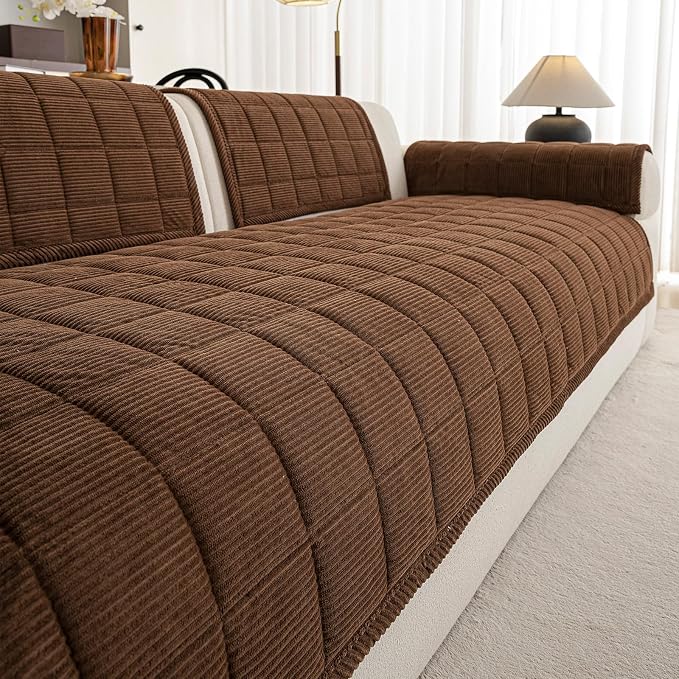 Velvet Couch Covers for Sectional Sofa Washable, Non-Slip L Shaped Sectional Couch Cover, Soft Pet Couch Covers for Sofa, Furniture Slipcovers for 3 Cushion Couch(1PC,35"x83",Dark Brown)