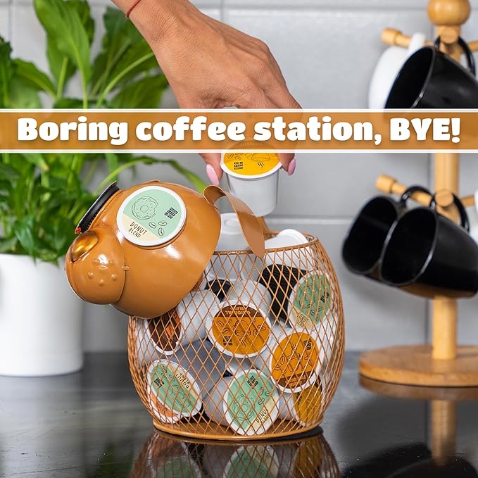 Made Easy Kit Coffee Pod Basket Organizer Practical Decoration - Compatible with Keurig K-Cup Pods & Capsules - Home Cafe Bar Decor Useful Kitchen Countertop Freestanding (Dog Brown)