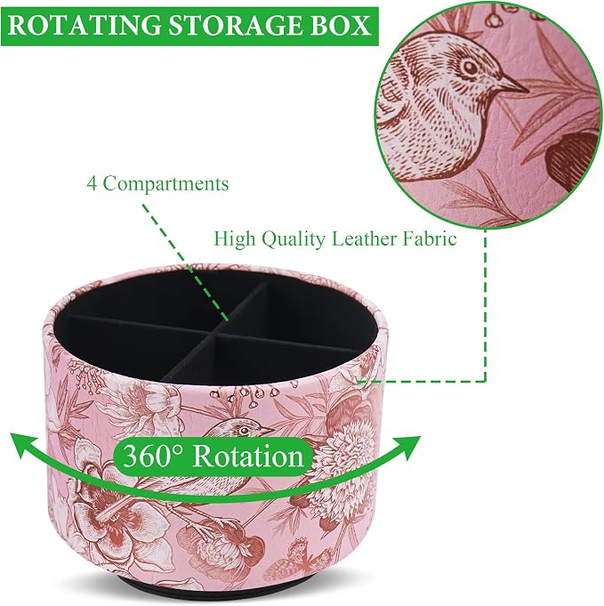 Round Leather Art Supply Organizer,Remote Control Holder,360 Degree Spinning,Multi-Functional Pencil Holder,4 Compartments Desktop Stationary Organizer(1-Pink Bird)