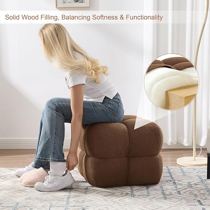 Zesthouse Square Pouf Ottoman Foot Rest, Modern Ottoman Coffee Table for Living Room, Boucle Fabric Stool Seat, Upholstered Tufted Footstool for Couch, Cube Makeup Vanity Chair Backless, Rust Brown