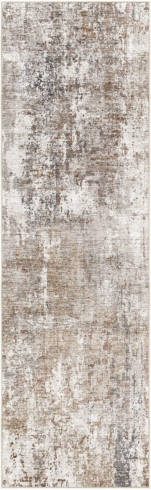 UERMEI 3x8 Washable Runner Rug for Hallway, Non Slip Low Pile Kitchen Carpet, Neutral Modern Abstract Indoor Floor Mat for Entryway Laundry, Kid & Pet Safe High Traffic Area, Brown/Grey/Red