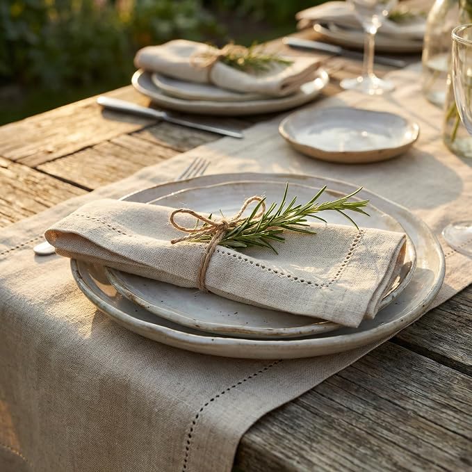 Flax Hemstitched Cloth Dinner Napkin Set of 4 Natural 20x20 Inches, Decorative Premium Cotton Linen Dinning Table Napkins Ideal for Mother's Day, Cocktail Party | Kitchen Napkin for Home Décor