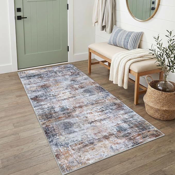 IOHOUZE Abstract Runner Rug 3x6 Ft Washable Runners for Hallways, Non Slip Kitchen Runner Printed Faux Wool Entryway Runner Indoor, Modern Abstract Floor Carpet for Hall Kitchen Bedroom, Orange Grey