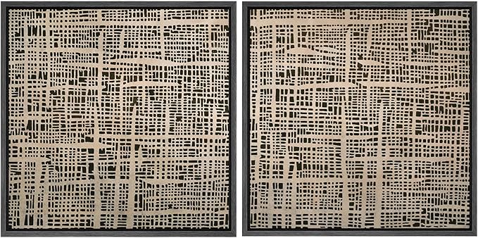 SIGNFORD Framed Canvas Print Wall Art Set Abstract Grid Pattern Artwork, Neutral Geometric Illustrations Modern Art Minimal Relax/Calm for Living Room, Bedroom, Office - 16"x16"x2 BLACK