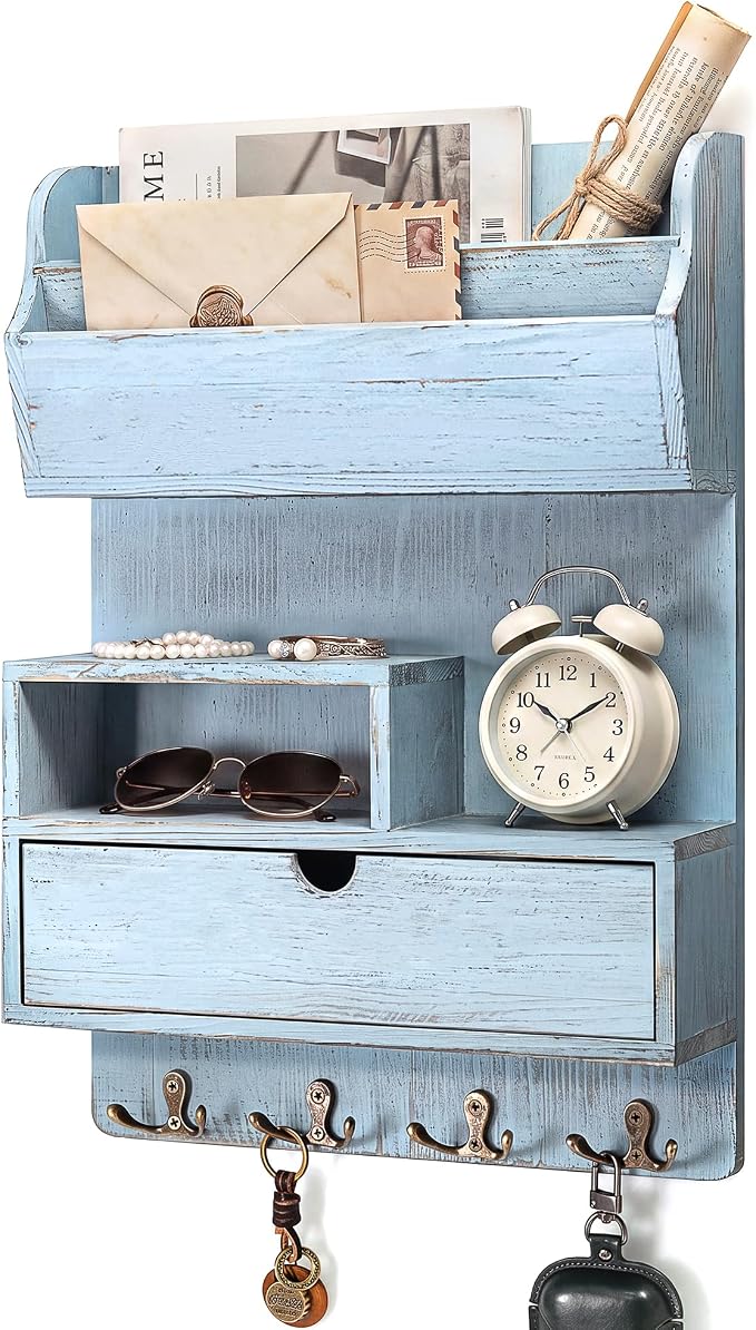 Rebee Vision Pine Wood Key Holder Wall Mount for Home Decor – Farmhouse Key Holder for Wall with Shelf & Drawer Storing Small Items- Ideal Room Decor Aesthetic(Blue)