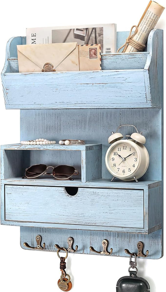 Rebee Vision Pine Wood Key Holder Wall Mount for Home Decor – Farmhouse Key Holder for Wall with Shelf & Drawer Storing Small Items- Ideal Room Decor Aesthetic(Blue)