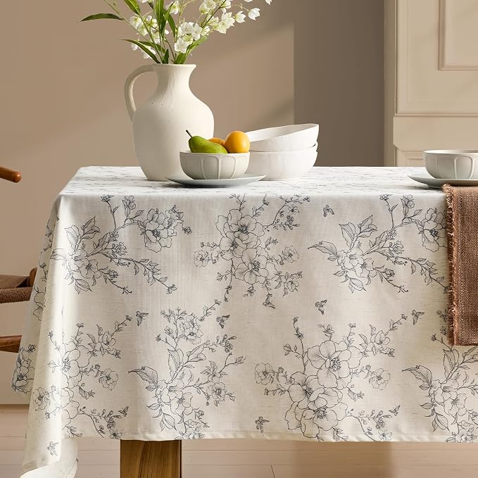 Linen Floral Rectangle Tablecloth Farmhouse Vintage French Rustic Tablecloths Gray Flowers Pattern Burlap Textured Outdoor Table Cover for Picnic,Dining,Party,Home Decor 55x120 Inch