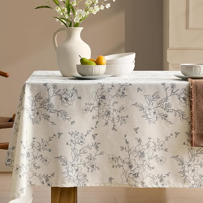 Linen Table Cloth Rectangle Tables Floral Tablecloth with Gray Flowers Pattern Burlap Textured Farmhouse Vintage French Rustic Outdoor Table Cover for Picnic,Dining,Party,Home Decor 55x72 Inch