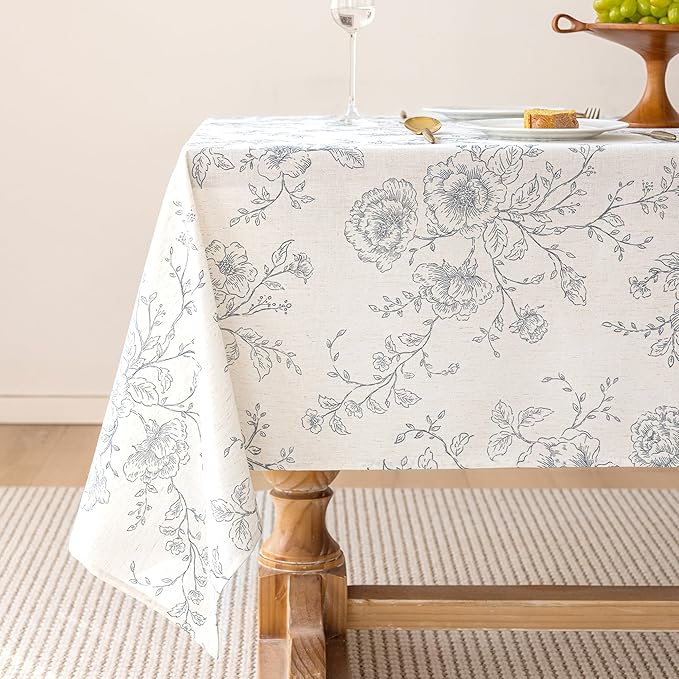 Meikelor Black Floral Printed Linen Table Cloth for Kitchen Farmhouse Style Tablecloth Cream Colored 55 x 55