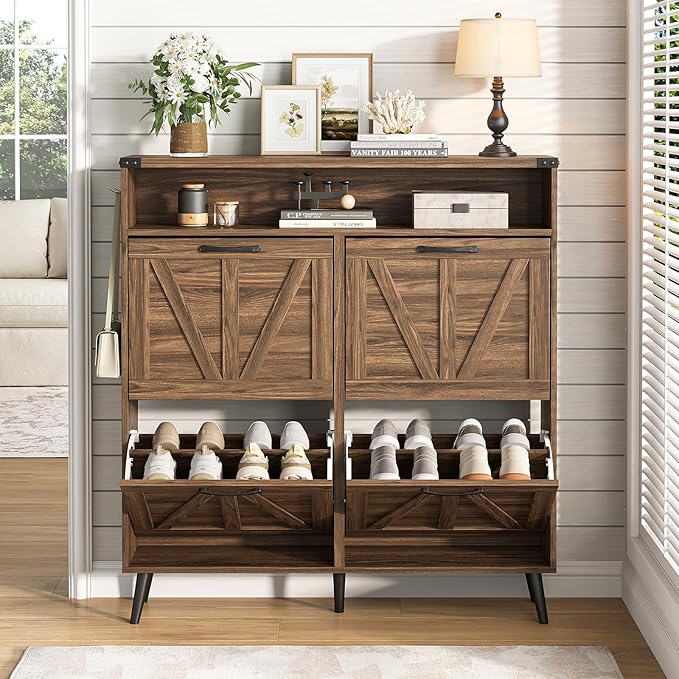 Vabches Shoe Cabinet with 4 Flip Drawers,Narrow Shoe Storage Cabinet for Entryway,Farmhouse Freestanding Shoe Organizer Rack for Hallway,Dark Walnut