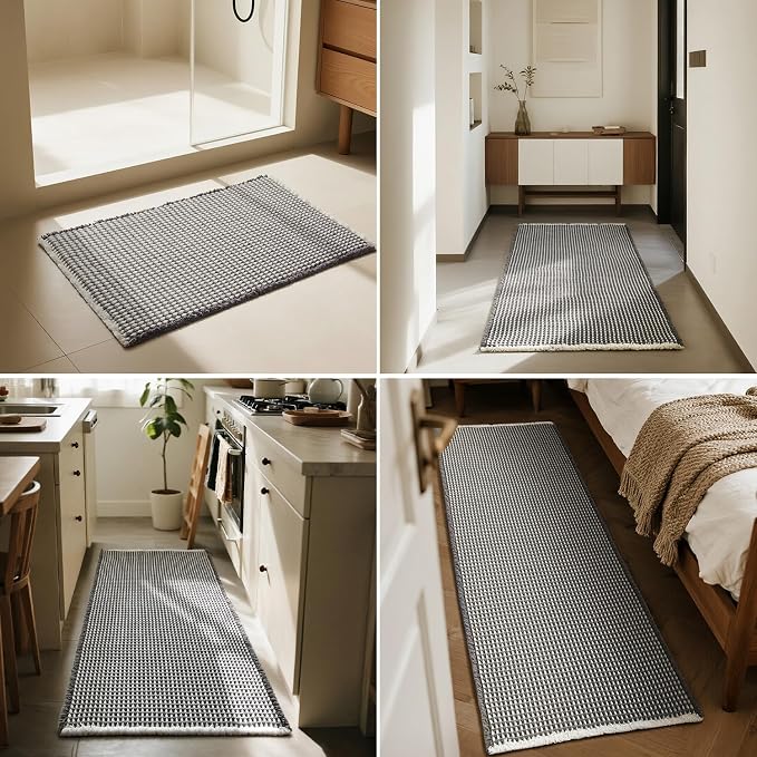 Triohero Waffle Runner Bath Mat - Long Bathroom Rugs Non Slip Washable, Ultra Soft Super Absorbent Quick Dry Boho Farmhouse Bathroom Decor, 24" x 72", Grey & White