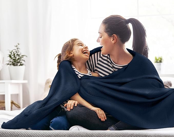 Utopia Bedding 100% Cotton Thermal Blanket Navy Throw Size Soft, Lightweight, Breathable, Cozy Spring and Summer Blanket for Couch and Sofa, Home Room Decor Gifts for Women and Men (50x60 Inches)