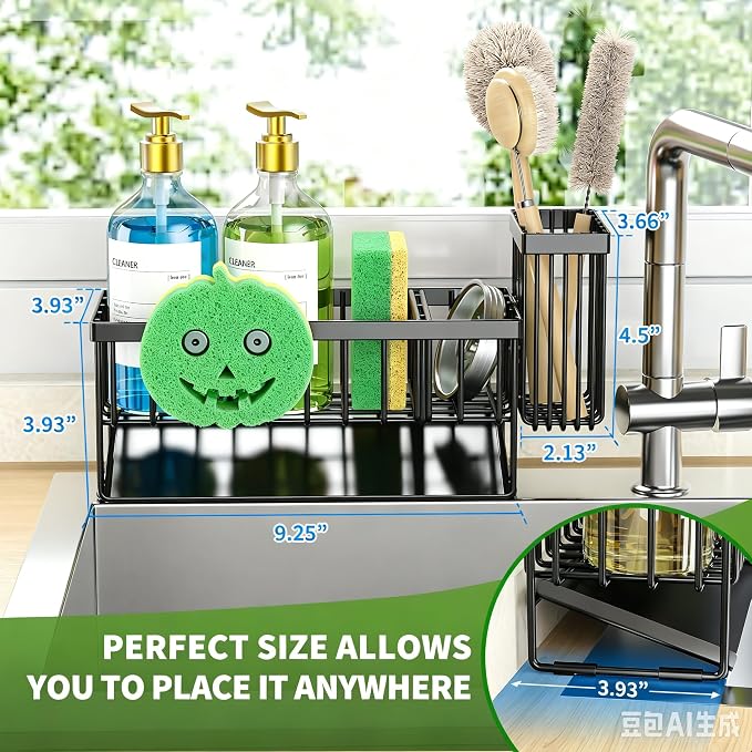 Cisily 9.25'' ponge Holder for Kitchen Sink, Smiley Face Sink Caddy with Removable Brush Holder,Self-Draining Sponge Caddy for Sponge,Soap,Dish Brush,Scrubber,Kitchen Essentials and Gadgets