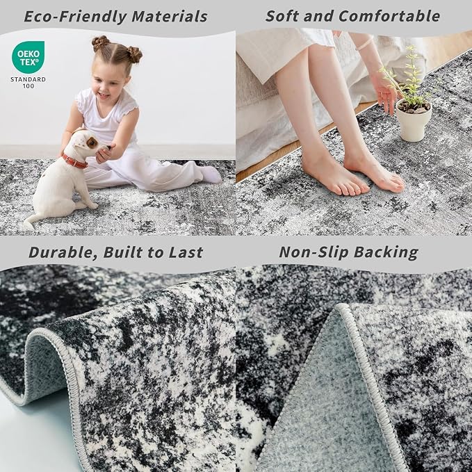 5x5 Rug Square for Living Room – Machine Washable Non-Slip Area Rug for Kitchen Entryway Bathroom – Modern Neutral Abstract Soft 5ft Indoor Carpet (Black Grey, 5x5)