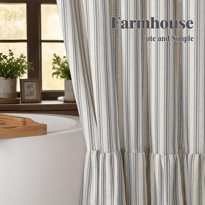 Farmhouse Shower Curtain with Ruffle Hem Linen Shower Curtains for Bathroom Country Vintage Rustic Natural Fabric, Cream-Grey Stripe 72" W x 96" L