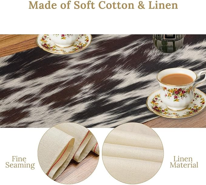 Cow Print Table Runner,Farmhouse Western White Black Cowhide Pattern Table Runner for Coffee Table Dining Room Table Bedroom Party Holiday Decor 13x36inch