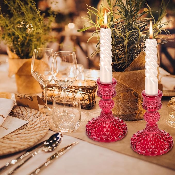 Glass Candle Holder, 2PCS Decorative Candle Sticks Pillar Candle Stand for Formal Events Wedding Party Table Centerpieces Home Decoration, Red