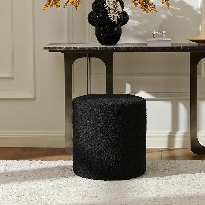 KINWELL Modern Round Boucle Upholstered Ottoman with Soft Padded Seat, Multi-Functional Sofa Footrest, Side Table, Extra Seating for Living Room, Bedroom, Entryway (Black, 18" D x 18" W x 18.3" H)