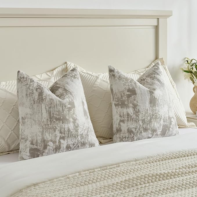 FUTEI Pack of 2 Faux Cashmere Jacquard Throw Pillow Covers 18x18 Inch Soft Marble Pattern Vintage Decorative Cushion Case Modern Farmhouse Accent for Couch Bed Living Room, Grey White