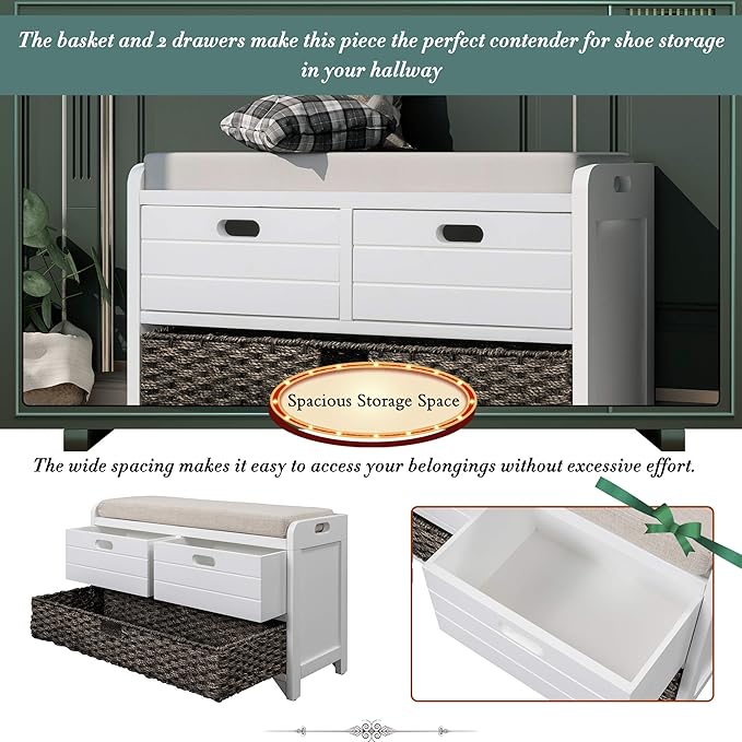 SOFTSEA Storage Bench with Drawers and Basket, Farmhouse Shoe Bench with Seating and Cushion for Hallway Entryway Living Room, Full Assembled (White Wash-2 Drawers)