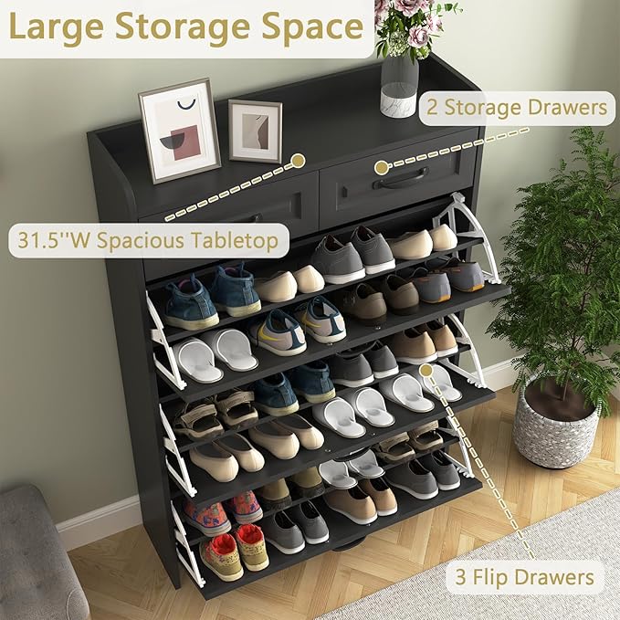 Shoe Storage Cabinet for Entryway with 3 Flip Drawers and 2 Top Drawers,Large Shoe Rack Organizer Cabinet for Closet,Hallway