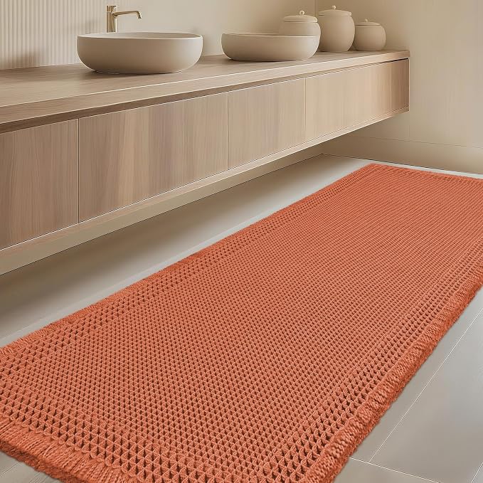 IM HOME Extra Large Waffle Bath Mat, Boho Bathroom Rugs Absorbent Non Slip, Ultra Soft Bathroom Mat, Machine Washable Knit Bath Rugs with Border for Bathroom,Bedroom,Kitchen,Tub, 5'x2', Burnt Orange