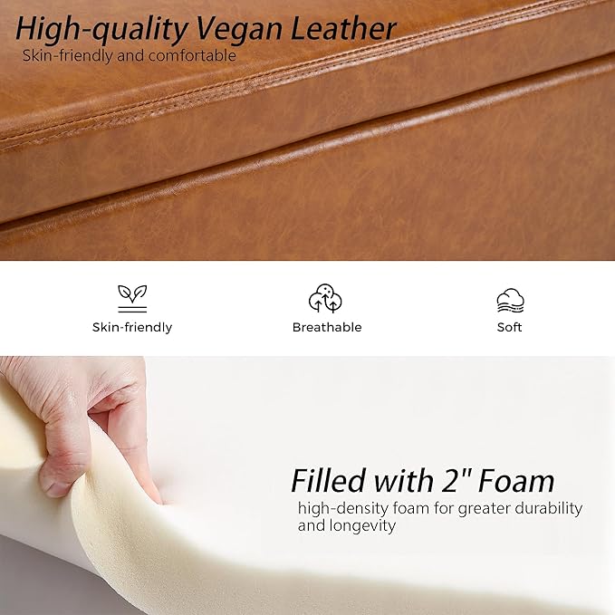 Storage Bench for Bedroom, 60" End of Bed Bench for King Size Bed,Tufted Bench Modern Upholstered Long Ottoman Bench with Arm (Camel Brown, Faux Leather-60 Wide)