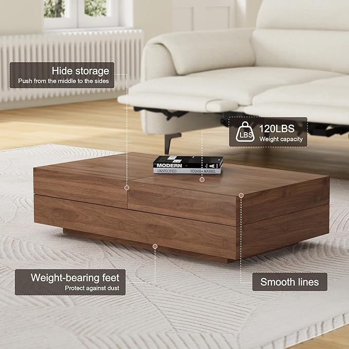 Mid-Century Modern Expandable Coffee Table (47.2"-81.8" Adjustable Centerpiece),Center Table with Large Storage for Living Room Living Rooms, Bedrooms, or Lounge Spaces,Walnut