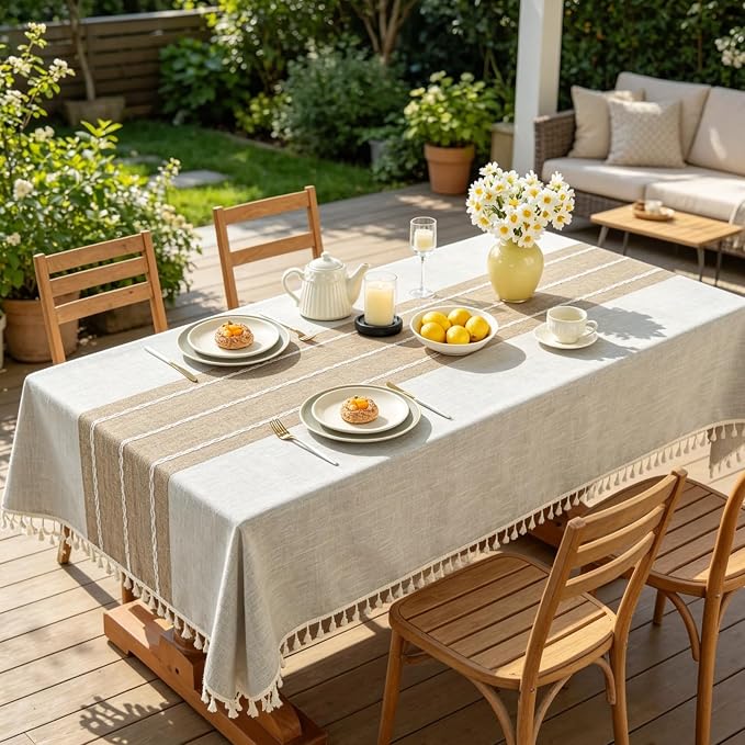 Alsoo Table Cloth Rectangle Table Rustic Waterproof Tablecloth Cotton Linen Wrinkle Free Spring Tablecloth for Party, Kitchen Dining, Holiday, Outdoor (Coffee Lines, 10-12 Seats, 55"x120")