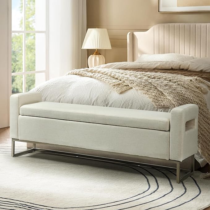 58.4" Ottoman with Storage,Upholstered Entryway Bench for Bedroom and Living Room,End of Bed Bench with Metal Base，Linen