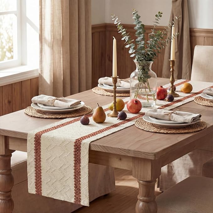 Artoid Mode Caramel Stripe Woven Table Runner, Seasonal Holiday Hollow Kitchen Dining Table Decoration for Home Party Decor 12x72 Inch