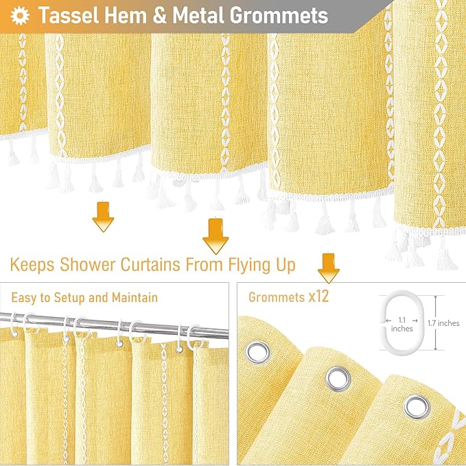 BTTN 78 Inch Long Shower Curtain - Boho Farmhouse Linen Thick Striped Fabric Shower Curtain Set with Plastic Hook, Tall Rustic Country Modern Luxury Cloth Shower Curtains for Bathroom - Yellow - 72x78