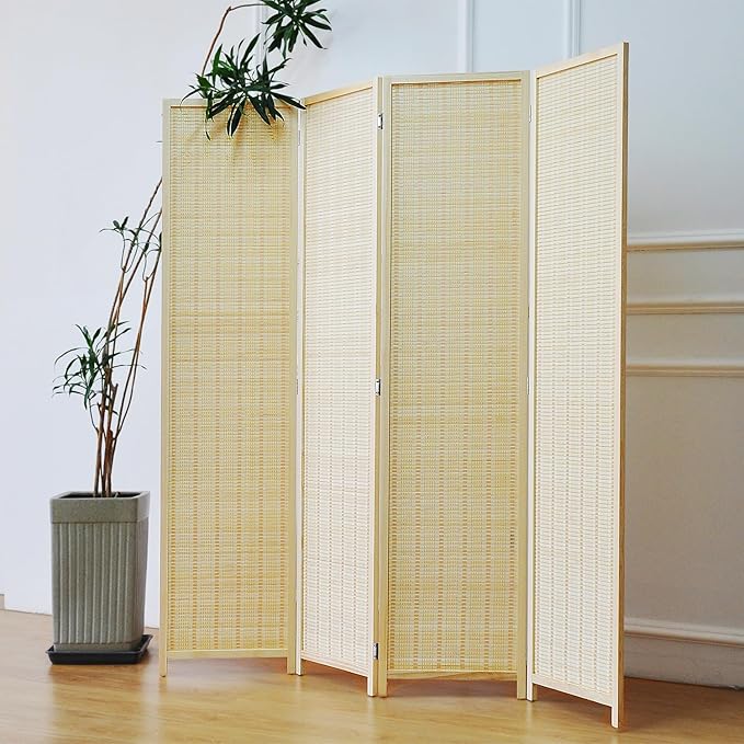 Furnnylane 4 Panel Bamboo Room Divider - 5.6 ft Tall Folding Privacy Screen, Natural Beige Freestanding Partition Wall for Home Office & Room Separation (67" H x 61.4" W)