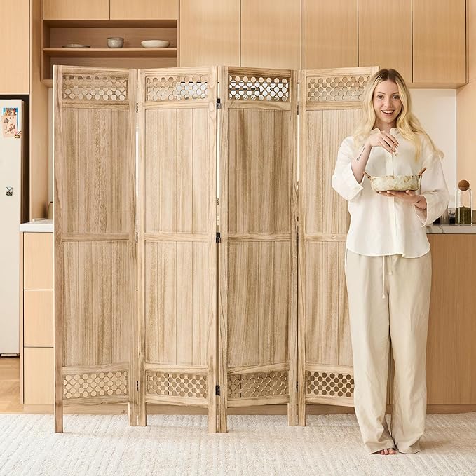 Privacy Screen Room Divider Panel - 67 Inch Tall Natural Wood Folding Partition Room Dividers, No-Assembly Required, Enhance Privacy and Aesthetic Appeal, Ideal for Home or Office Natural 4 Paned