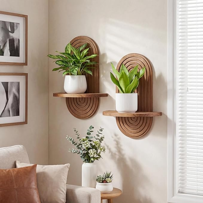 Heiple Set of 2 Boho Arched Floating Shelves 15.7”x 7.8”3D Wooden Hanging Shelf for Living Room Bedroom Nursery Mid Century Modern Wall Decor(Dark Brown, 11.7 * 15.7)