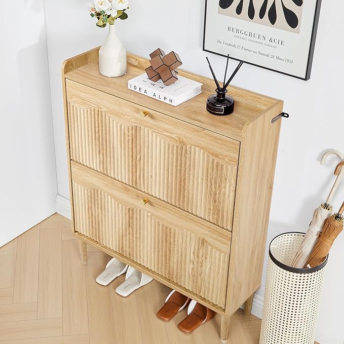 BERRYMERRY 31.5" Fluted Shoe Storage Cabinet for Entryway, 2 Flip Drawers Narrow Shoe Organizer for Hallway, Living Room