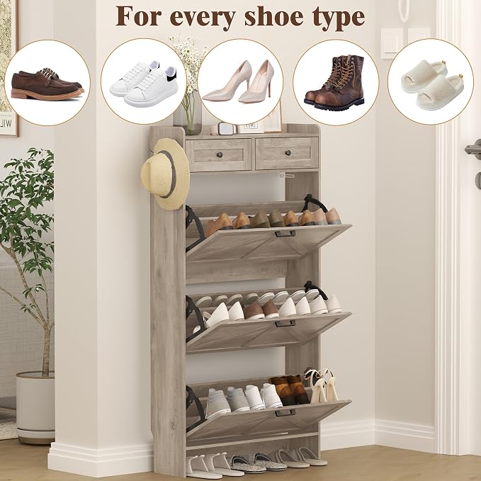 Thacuok Shoe Cabinet with 3 Flip Drawers & 2 Storage Drawers, Rustic Farmhouse Narrow Shoe Organizer Cabinet, Slim Shoe Rack Cabinet, Shoe Storage Cabinet for Entryway, Hallway, Front Door