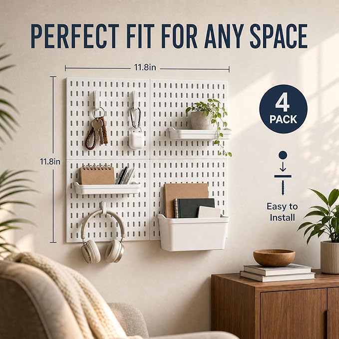 AKTOP Peg Board Wall Organizer 4-Pack – 12"x12" White Pegboard Combination Kit with 13 Accessories for Wall, Plastic Peg Board Panels for Home, Office, Garage Tool Storage & Craft Room