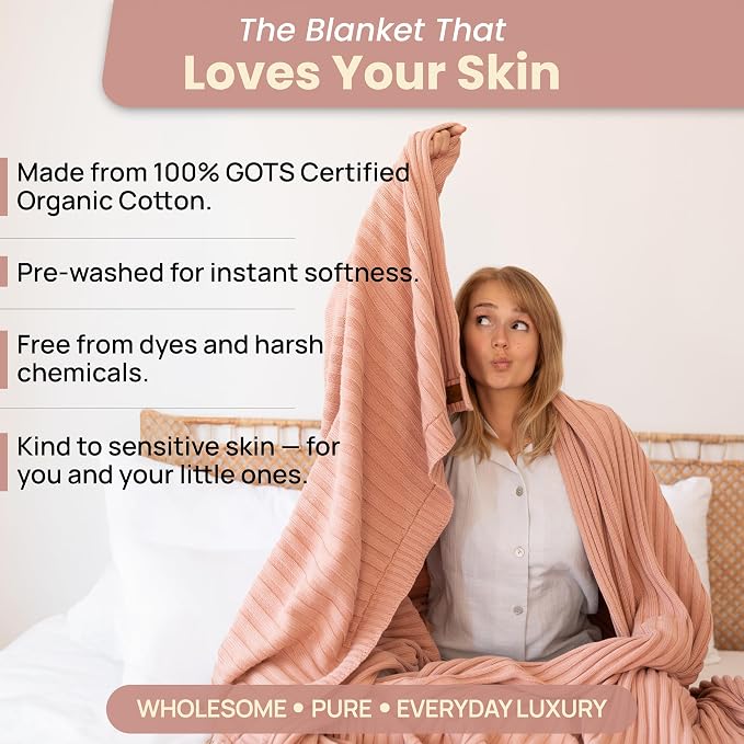 Dalisa 100% Organic Cotton Knit Blanket Denise -Soft and Lightweight, Breathable All-Season Throw for Bed, Sofa, or Lounge Area -Perfect for Home and Bedroom Styling (Pink, 60x80)