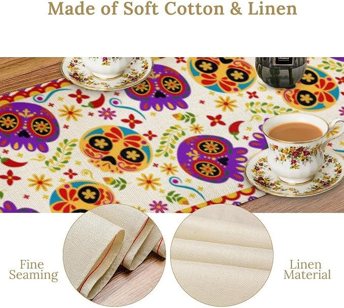 Mexican Fiesta Table Runner Decoration Skull Cinco De Mayo Dia De Los Muertos Runners Farmhouse Rustic Day of The Dead Decor Supplies for Kitchen Dining Home, 13x36 Inch White