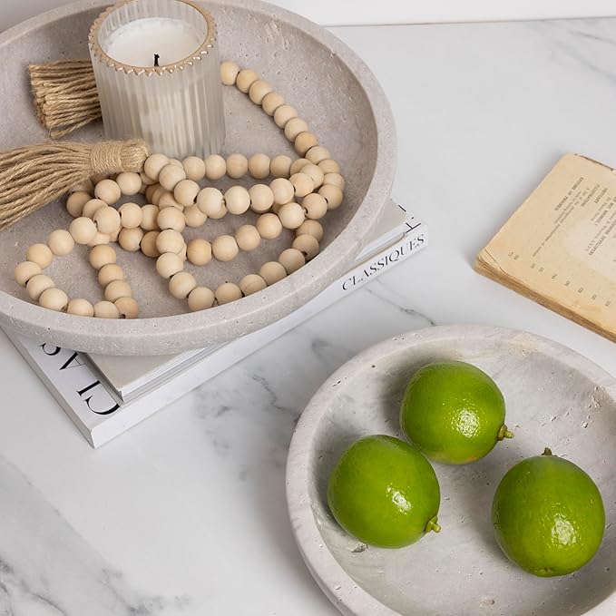 Shelf & Nook Travertine Decorative Bowls for Home Decor. Key Bowl for Entryway Table in a Choice of 5 Colors (White/Gray, Large)