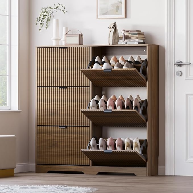 BORNOON Large Shoe Cabinet for Entryway, Tall Narrow Shoe Storage Cabinet with 6 Flip Drawers and Adjustable Shelves, Shoe Rack Cabinet Organizer for Hallway, Foyer, Small Apartment