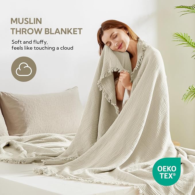 SOULFUL Muslin Throw Blanket with Tassels - Soft King Size Cotton Throw Blanket for Couch or Bed, Lightweight and Breathable Gauze for All Seasons, LightChampagne, 108" x 90"